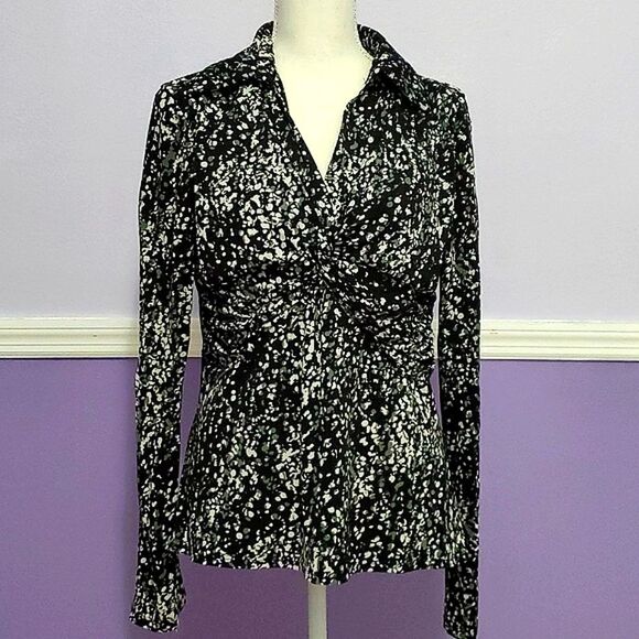 Nicole Miller Black Spotted Surplice Long Sleeve Fitted Elegant Career Top - Picture 1 of 9
